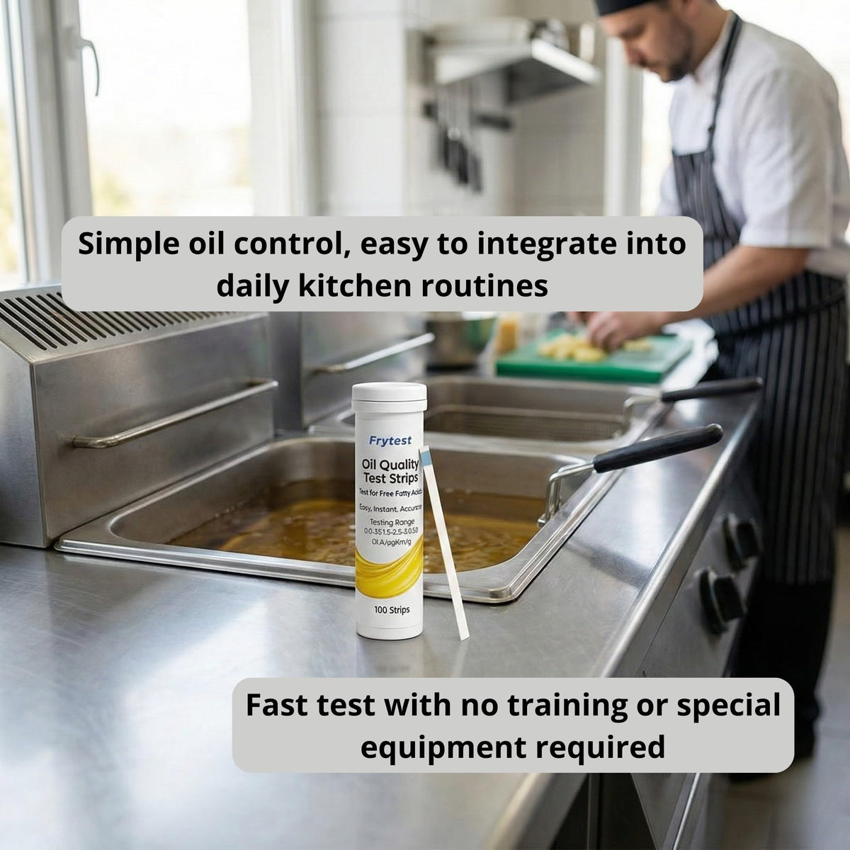 FryTest tester kit with storage case kept organized in a busy kitchen.
