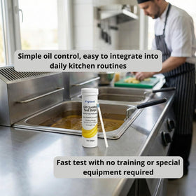 FryTest tester kit with storage case kept organized in a busy kitchen.