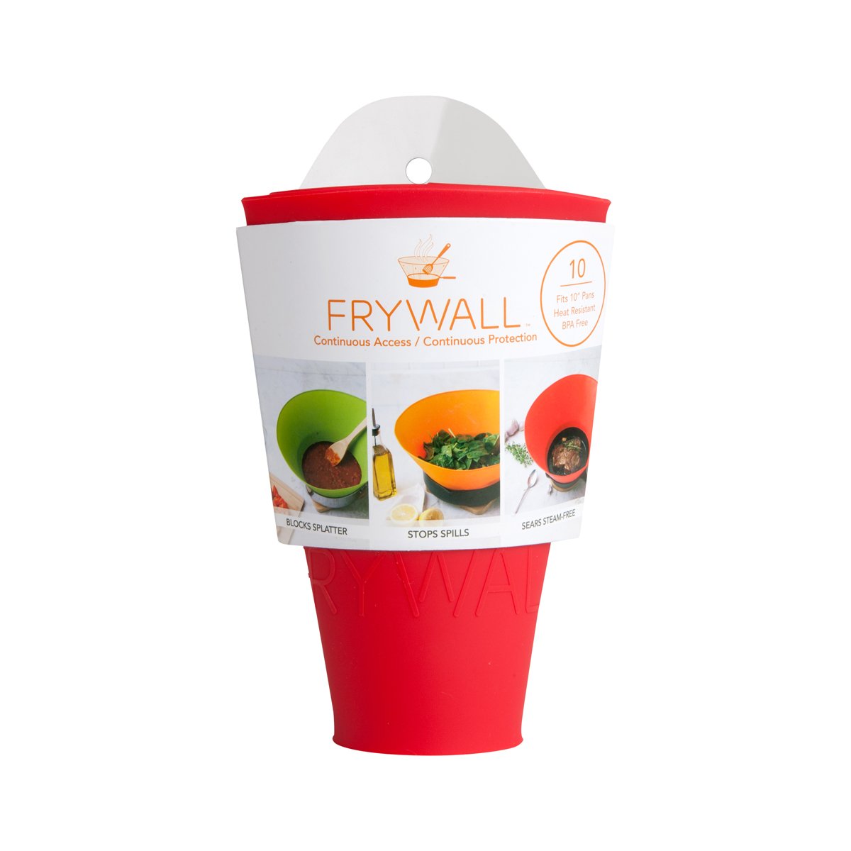 Frywall guard attached to pan prevents oil spray while steam escapes.
