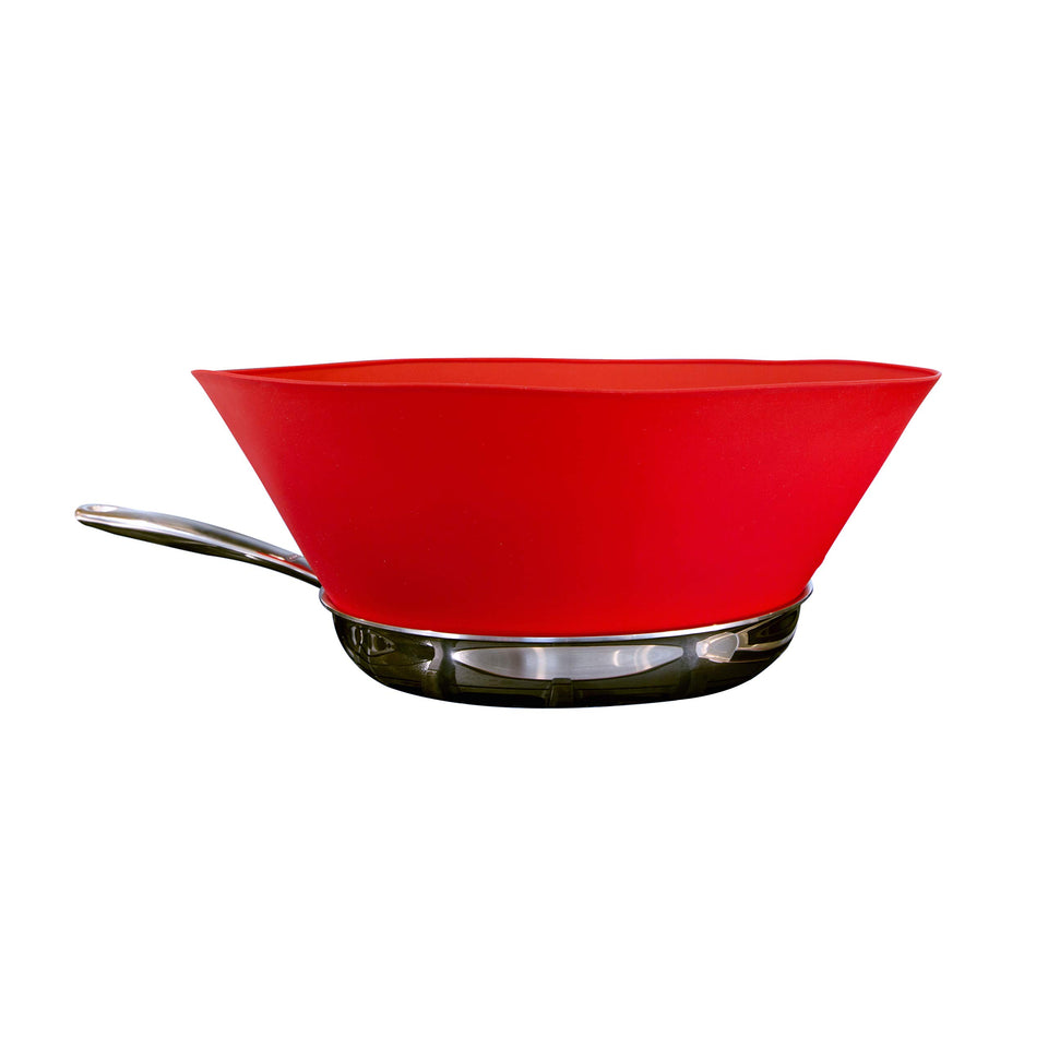 Frywall splatter guard on a red 10-inch pan keeps surface accessible.