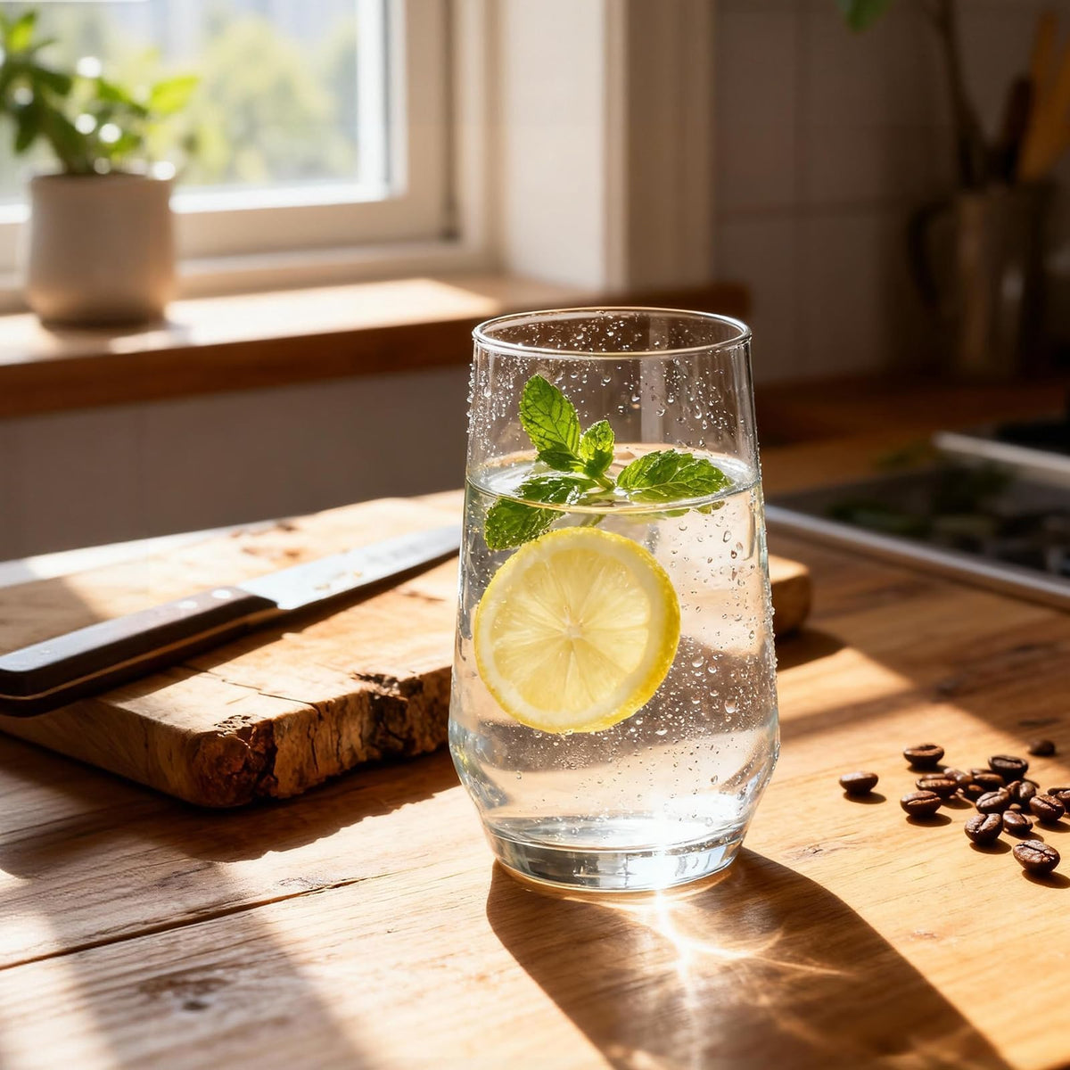 Ftystall ergonomic-curved-glass-tumbler offers a comfortable grip and stable weighted base.