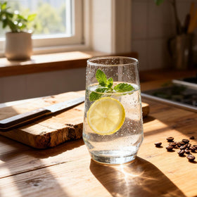 Ftystall ergonomic-curved-glass-tumbler offers a comfortable grip and stable weighted base.