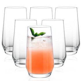 Ftystall highball glasses display 16.4oz capacity for cocktails and refreshing beverages.