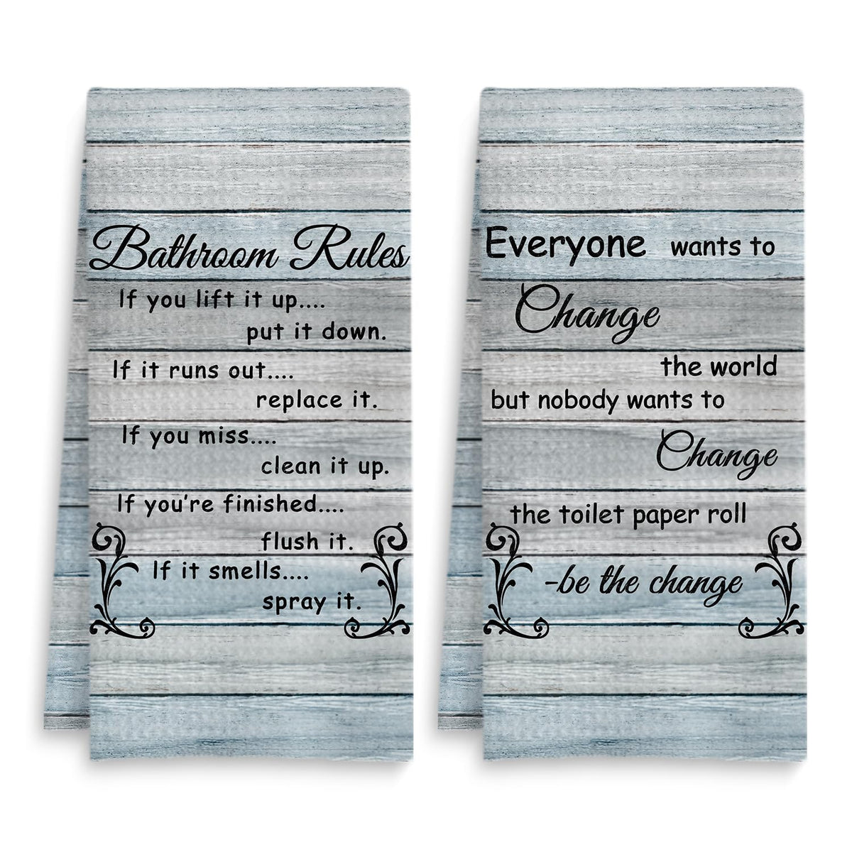 Fuasei funny bathroom rules towel set shown on a bathroom rack, adding playful decor.