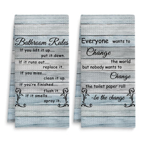 Fuasei funny bathroom rules towel set shown on a bathroom rack, adding playful decor.