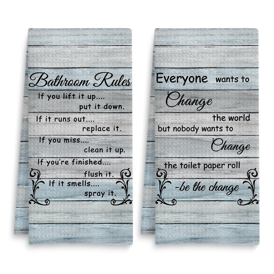 Fuasei funny bathroom rules towel set shown on a bathroom rack, adding playful decor.