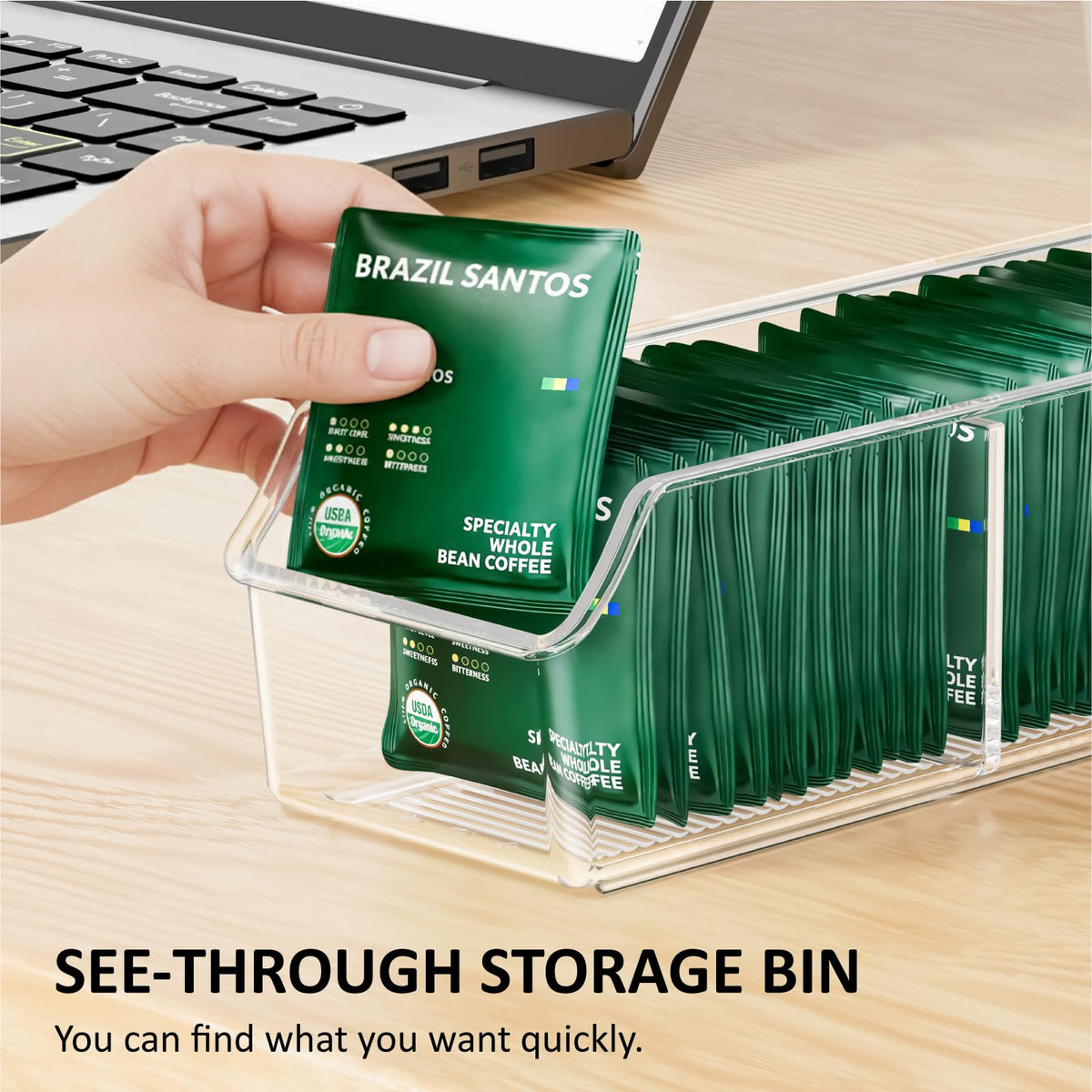 FUCDTEFC see-through storage bin offers quick content identification for pantry efficiency.