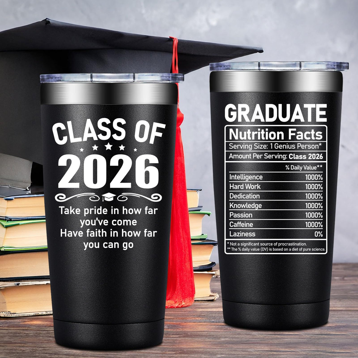 Fufandi graduation tumbler stainless steel 18/8 resists rust for everyday use.