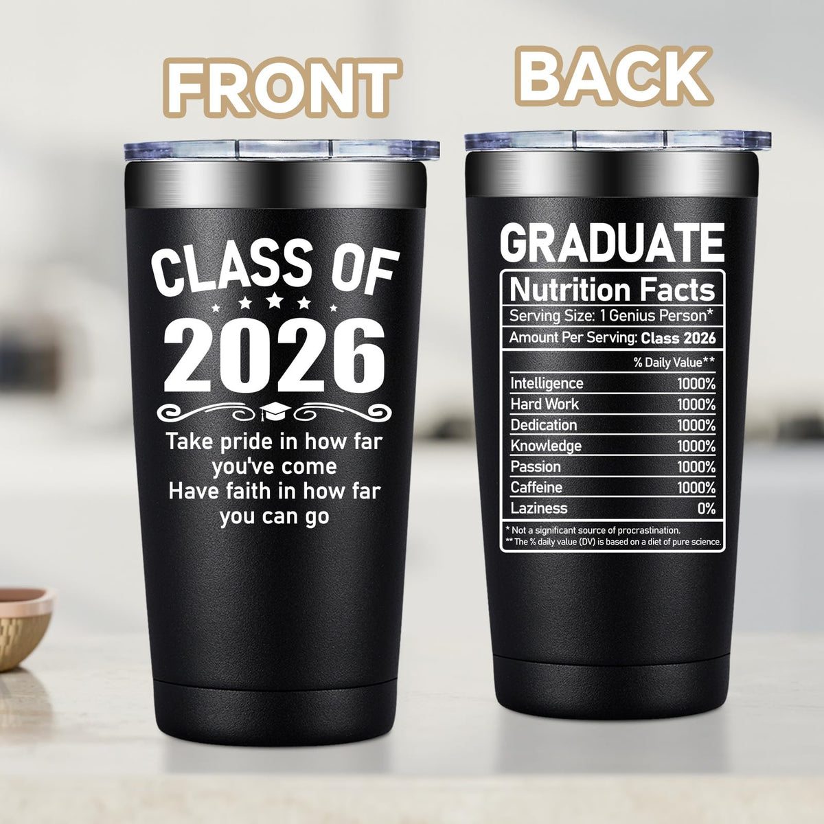 Fufandi stainless steel tumbler keeps beverages at the right temp during college milestones.