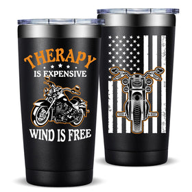Fufandi 20oz motorcycle tumbler closeup shows rugged stainless steel for riders