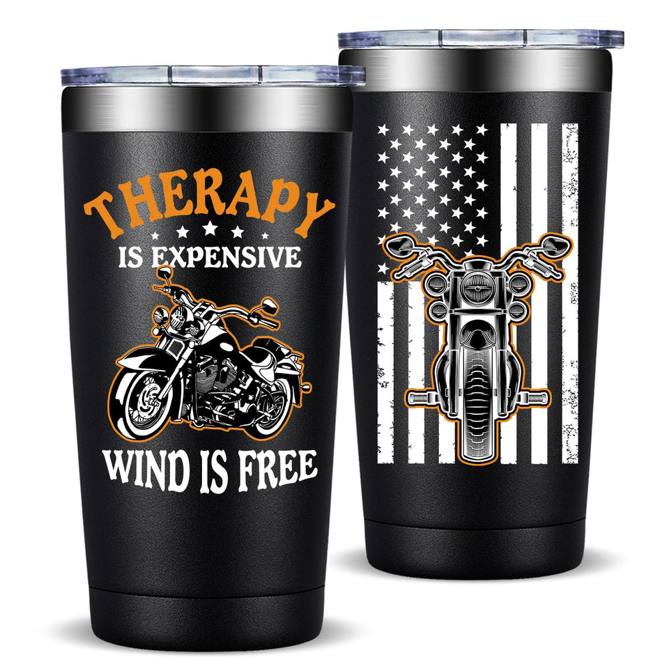 Fufandi 20oz motorcycle tumbler closeup shows rugged stainless steel for riders