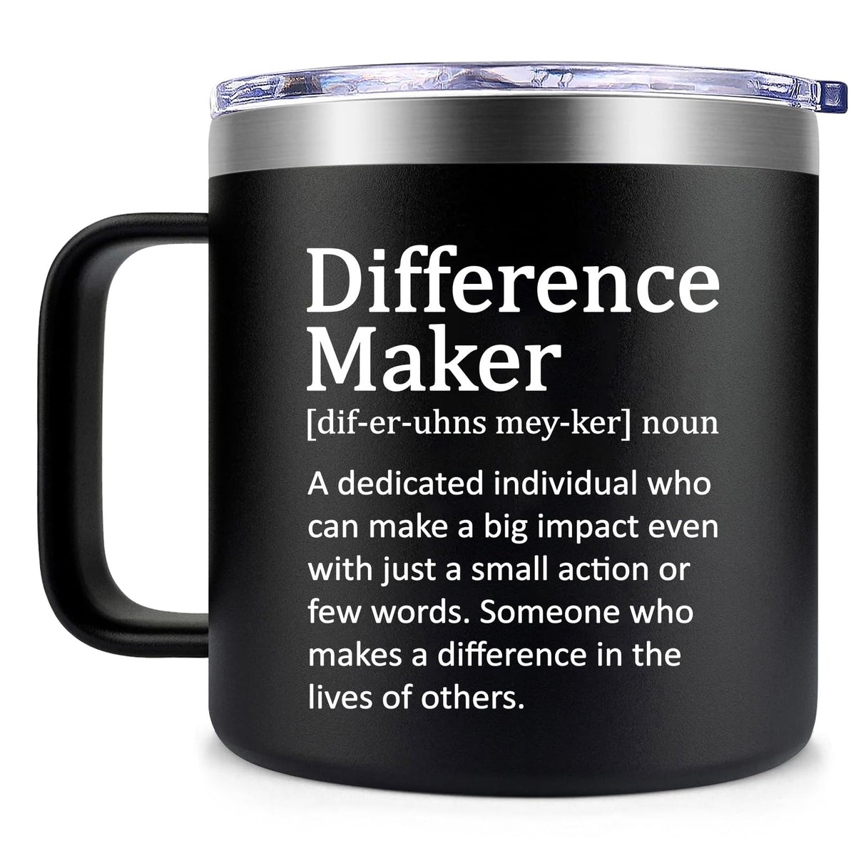 Fufendio Difference Maker Mug 14oz on desk, ideal for daily appreciation.