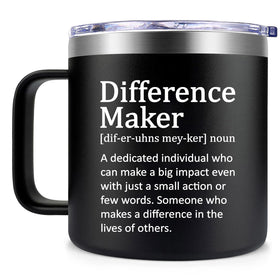 Fufendio Difference Maker Mug 14oz on desk, ideal for daily appreciation.