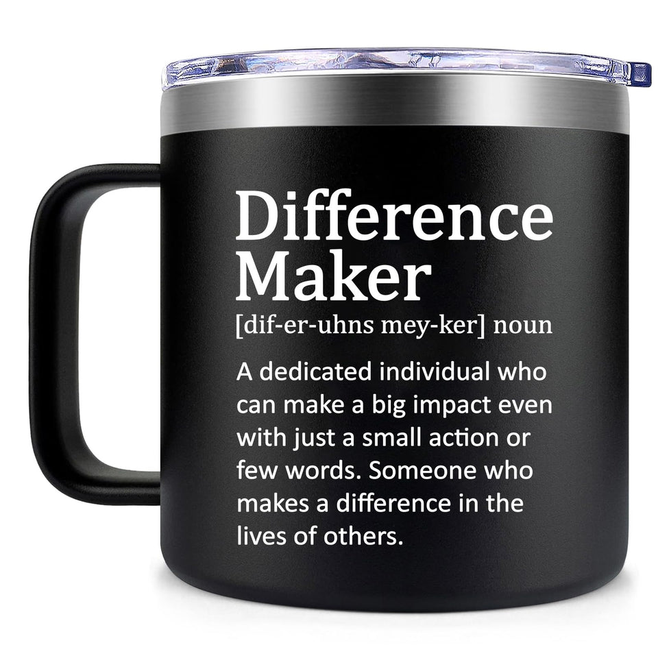 Fufendio Difference Maker Mug 14oz on desk, ideal for daily appreciation.
