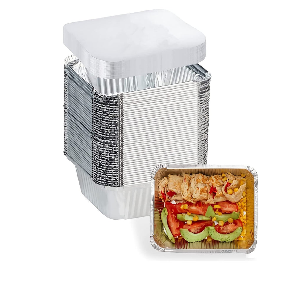 FUIIKEEM aluminum pans with lids, top view, ideal for to-go meals and even heating.