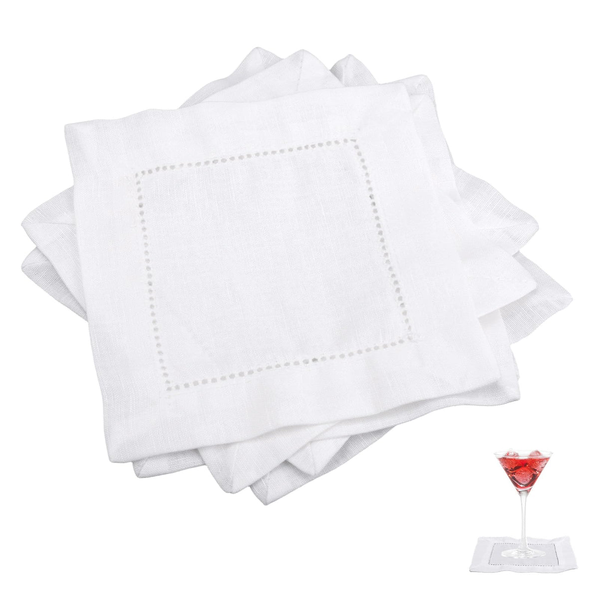 Fukaisu 12pc linen cocktail napkins in white, 6x6 inch, ready for elegant table settings