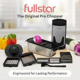 Fullstar 14-in-1 kitchen gadget demonstrates versatile slicing options for veggies.