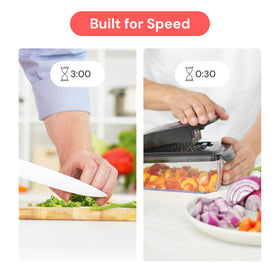 Fullstar 7-in-1 rust-resistant blades slice tomatoes and cucumbers evenly.