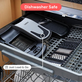 Fullstar built-in catch tray reduces countertop mess during prep.