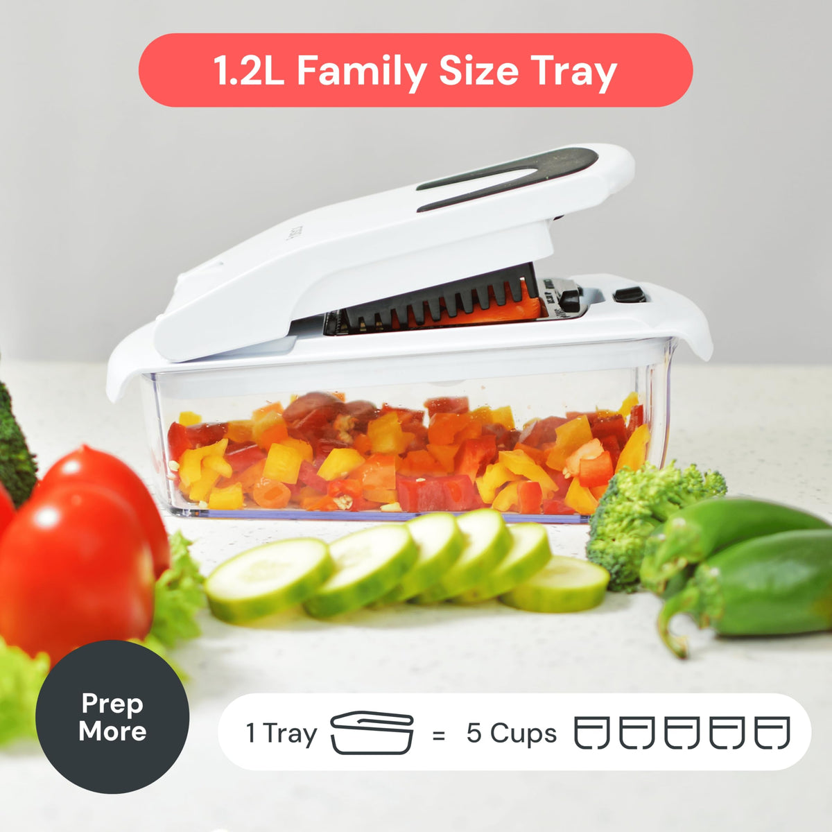 Fullstar built-in catch tray catches chopped pieces for mess-free cooking.