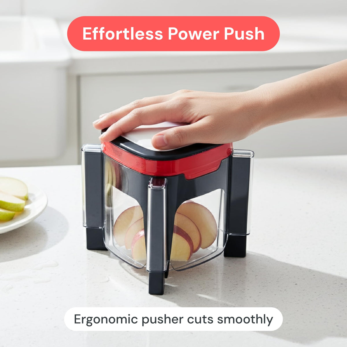 Built-in container catching slices during use for mess-free prep