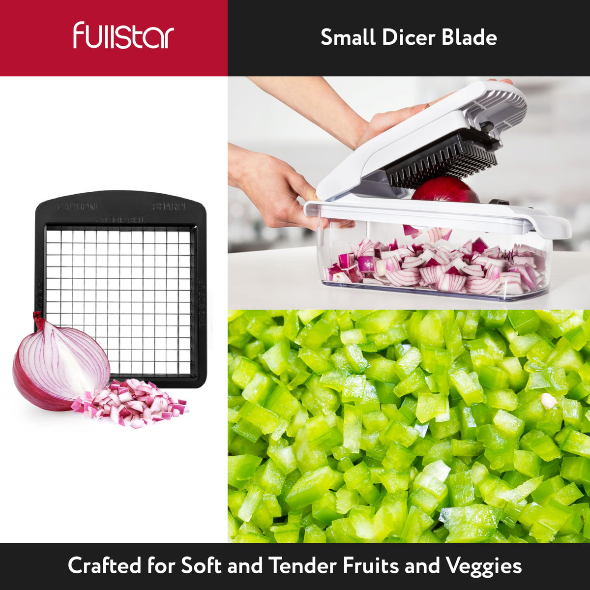 Fullstar chopper blade assembly shown for onion and potato prep.