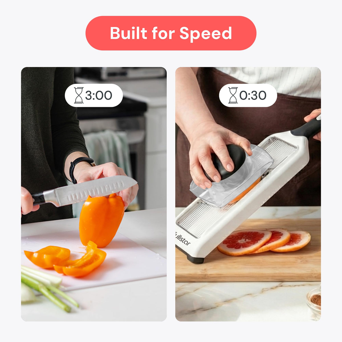 Fullstar built-in julienne blade enables quick matchstick prep.