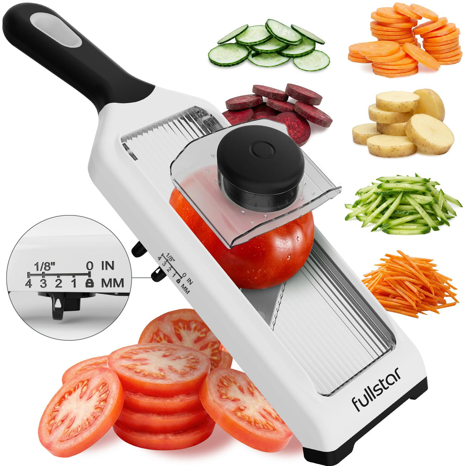 Fullstar 2-in-1 handheld mandoline shows 1mm thin slice for delicate vegetables.