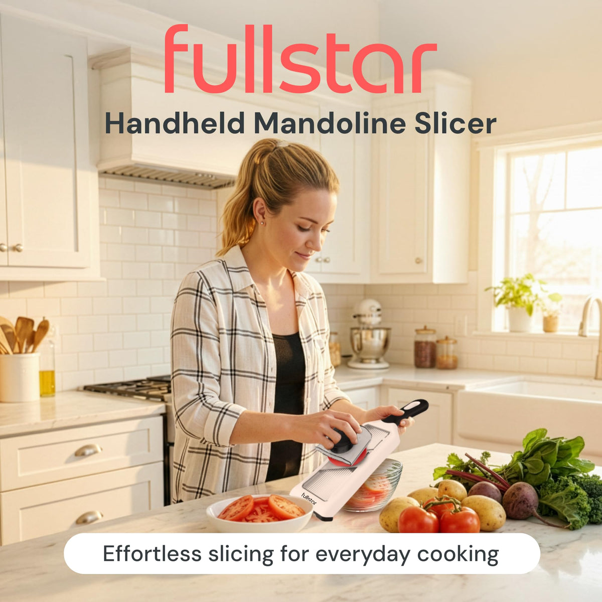Fullstar 2-in-1 handheld mandoline with 2mm slice for even rounds.