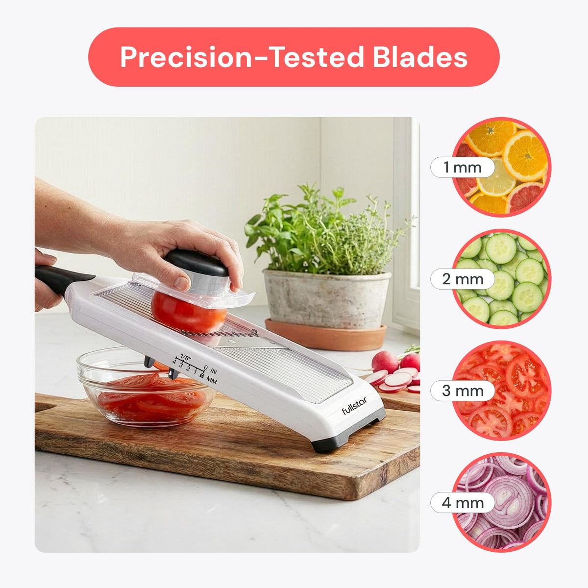 Fullstar 2-in-1 handheld mandoline with 3mm slice for medium-thick cuts.