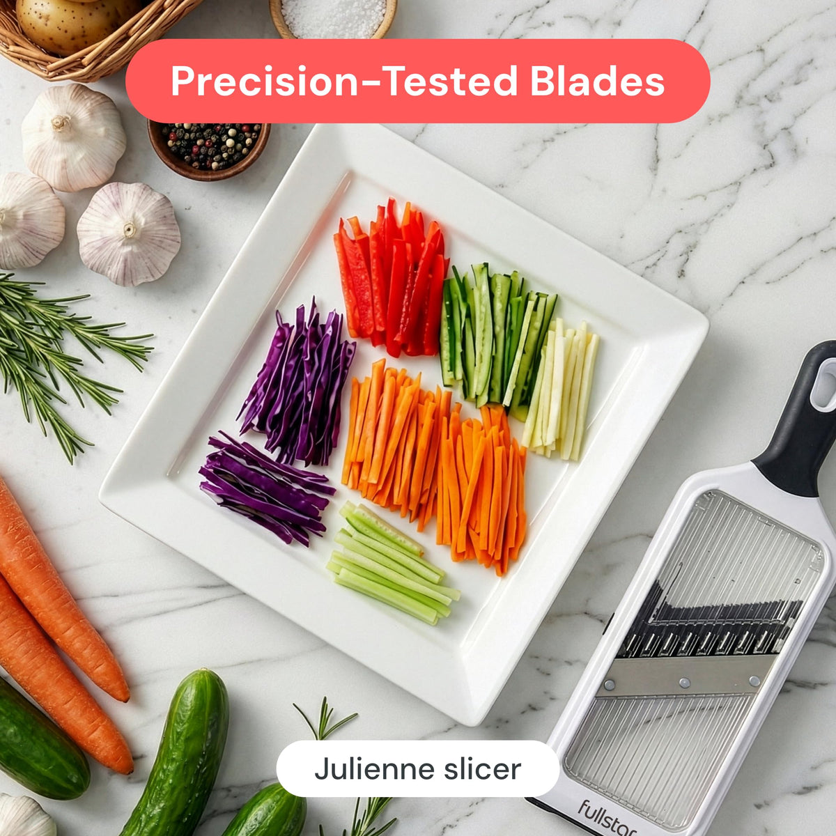 Fullstar 2-in-1 handheld mandoline with 4mm slice for thicker slices.