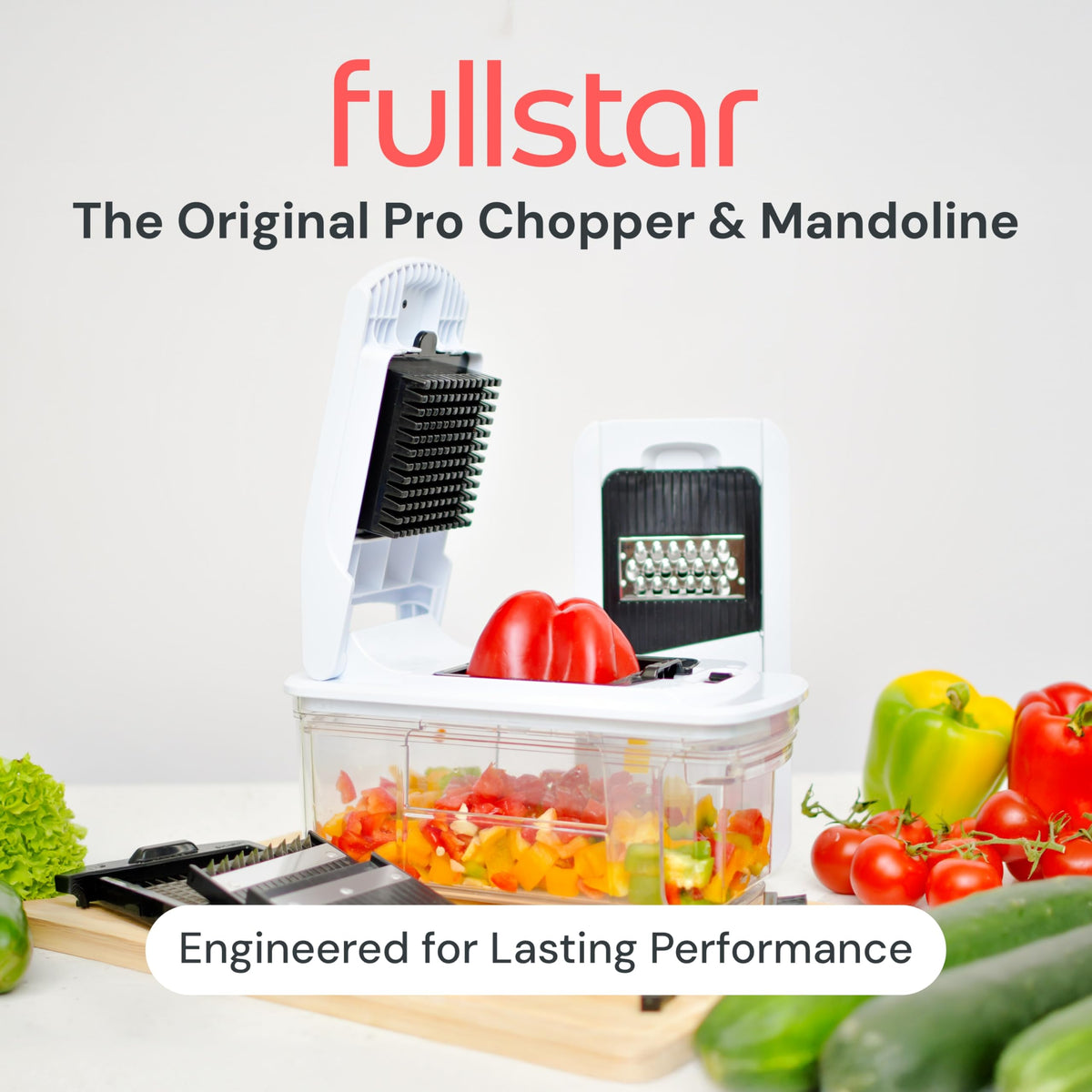 Fullstar mandoline slicer with adjustable thickness dial for precise slices.