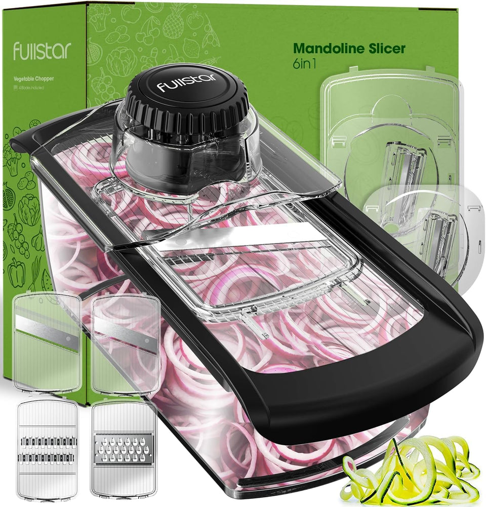 Fullstar mandoline slicer assembly with six blades for versatile meal prep