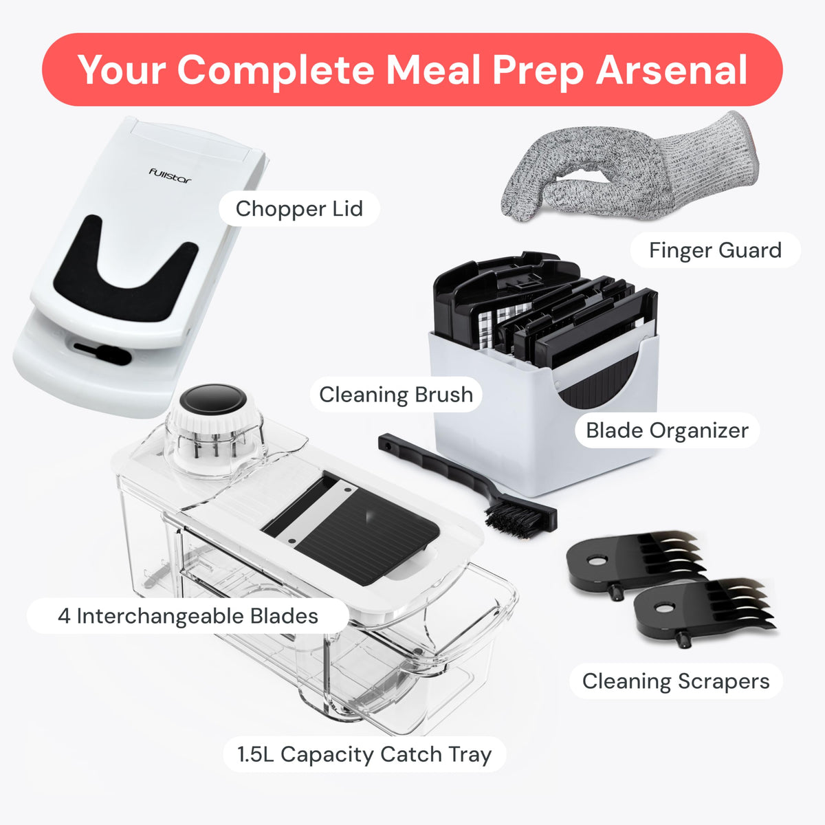 Fullstar mandoline slicer cleaning brush and blade organizer simplify maintenance.