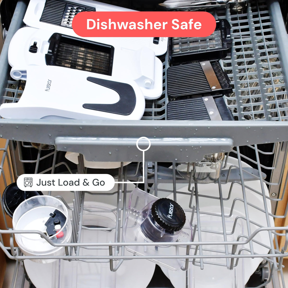 Fullstar mandoline slicer dishwasher-safe top rack for easy cleaning.