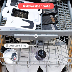 Fullstar mandoline slicer dishwasher-safe top rack for easy cleaning.