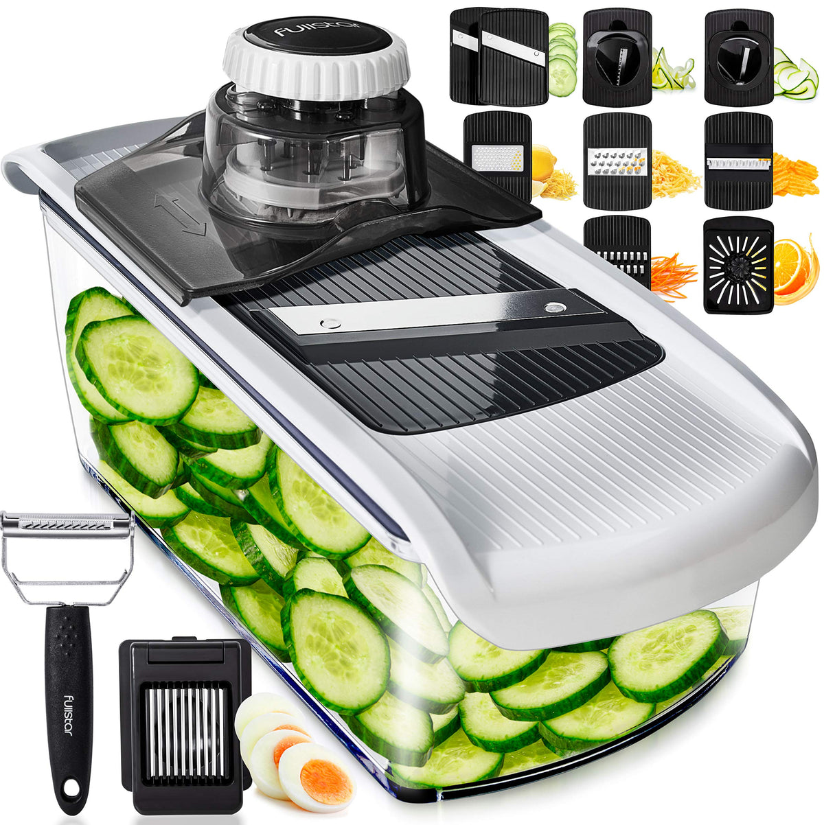 Fullstar mandoline slicer in action creating ultra-thin slices for salads
