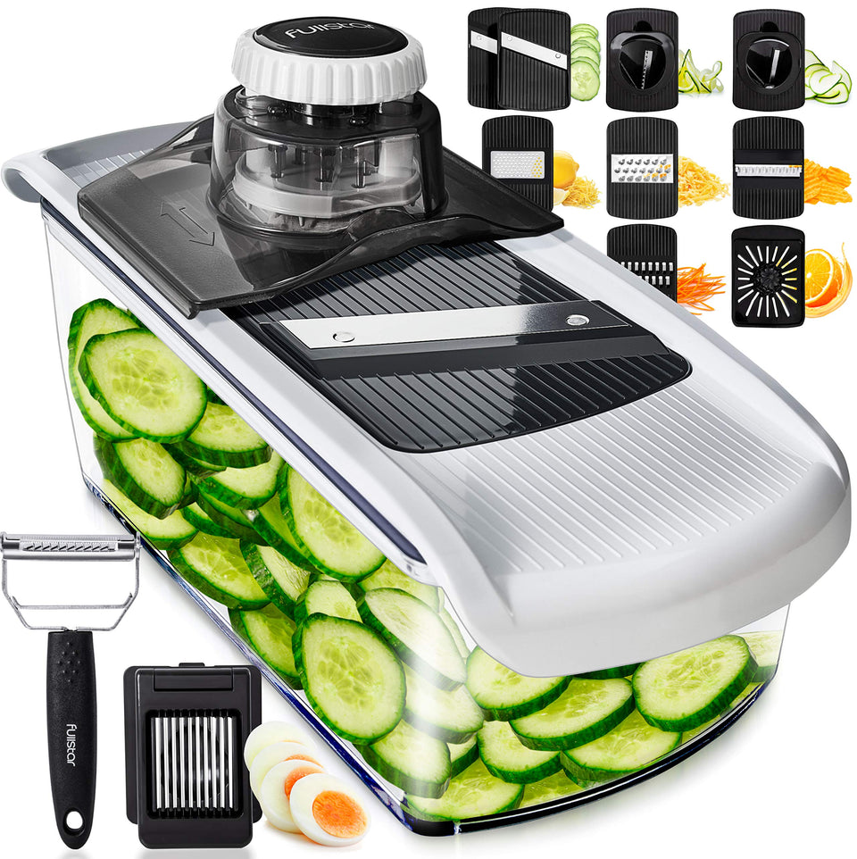 Fullstar mandoline slicer in action creating ultra-thin slices for salads