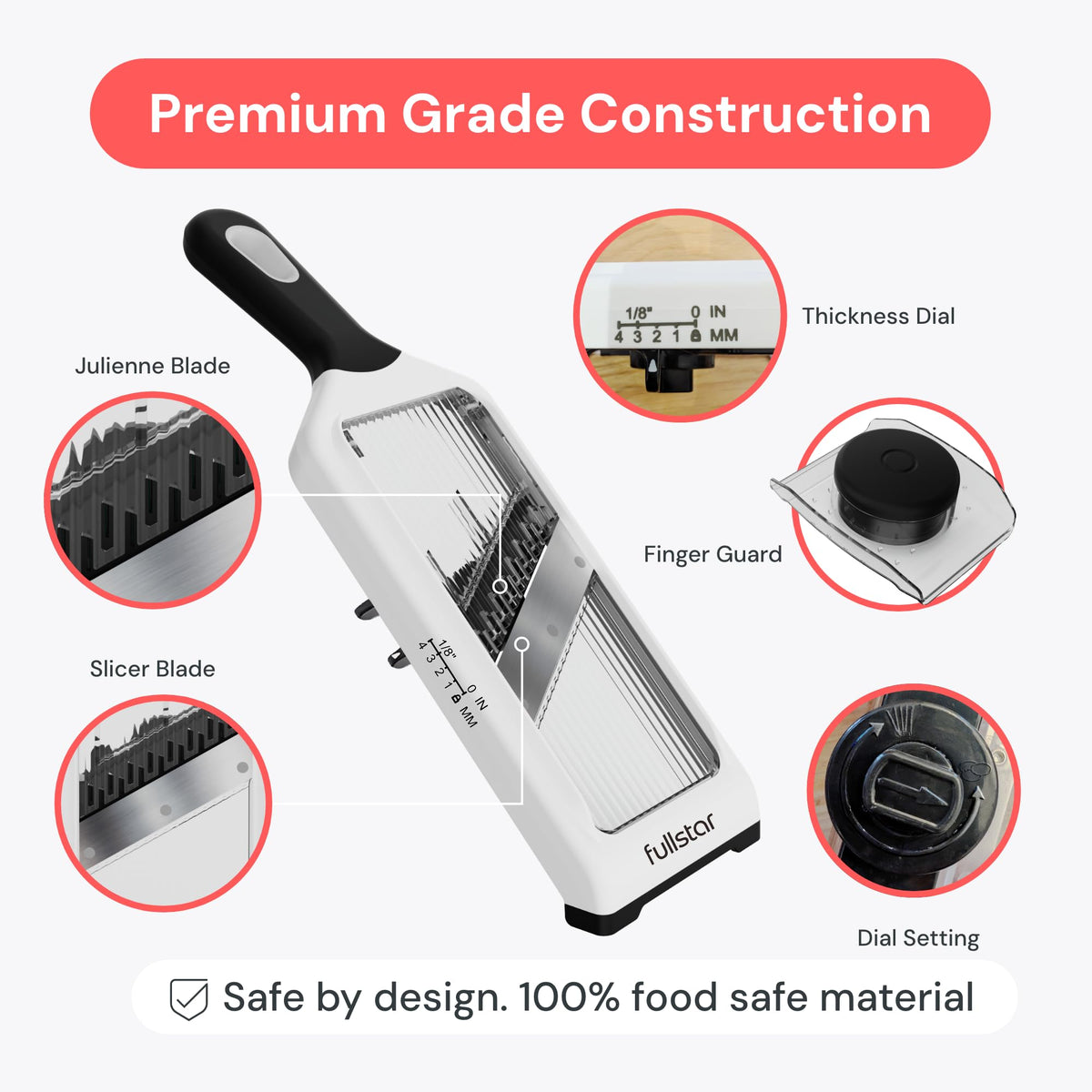 Fullstar stainless steel guard provides safer, precise grip during slicing.