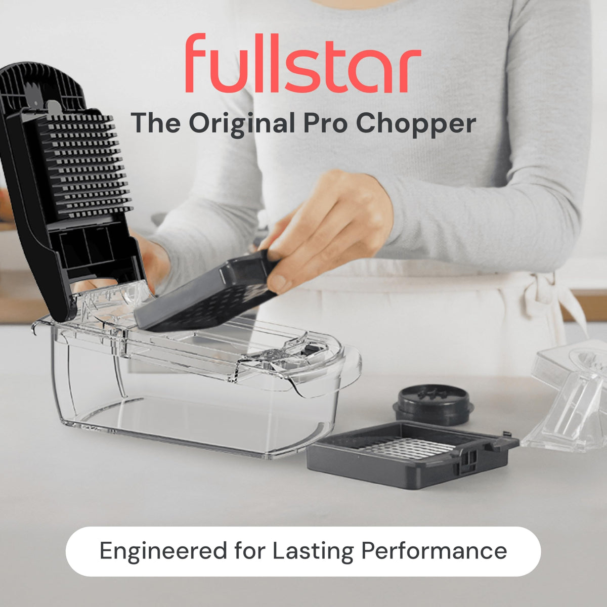 Fullstar Original Pro Chopper with built-in catch tray keeps counters tidy during prep.