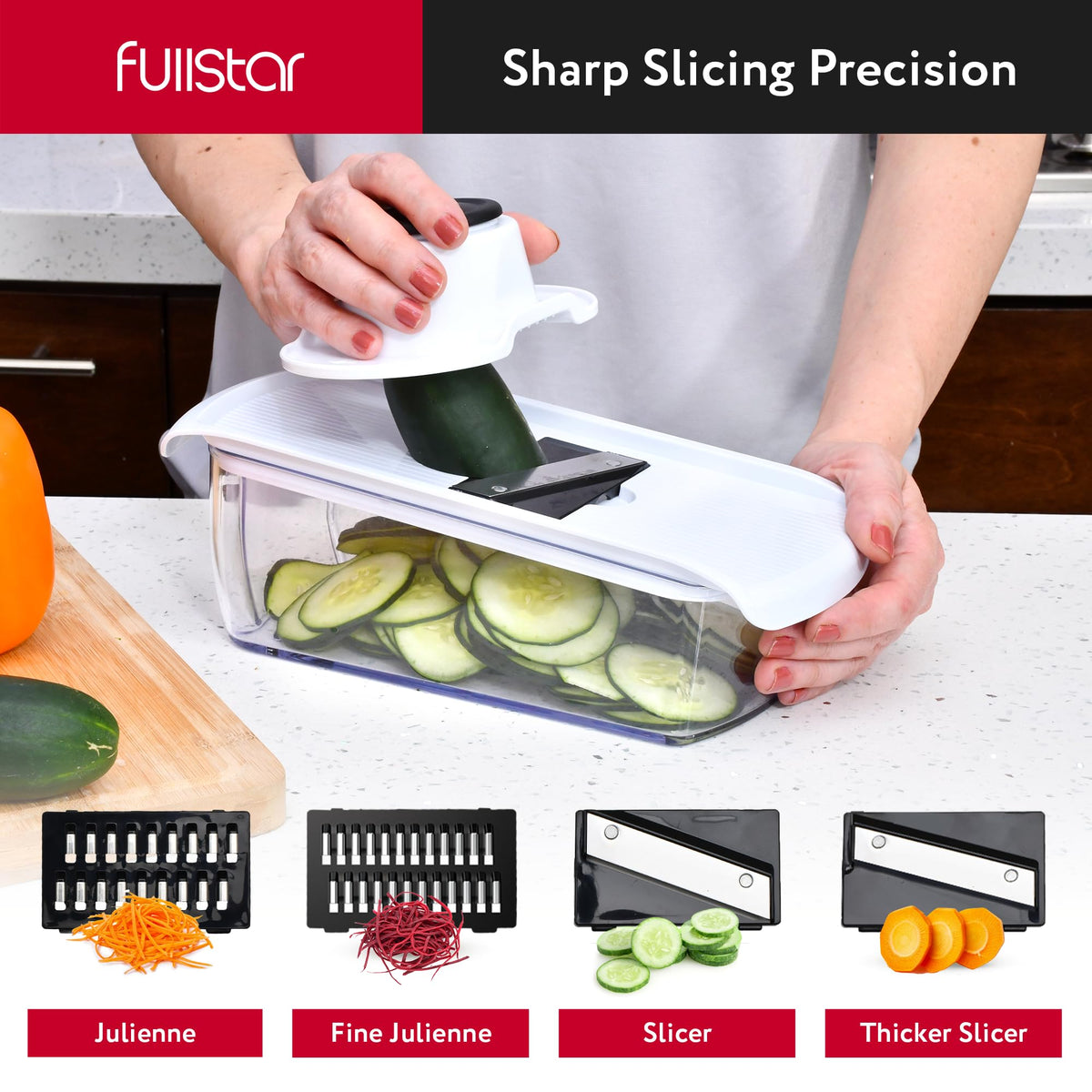 Fullstar ribbon cutter ready to add textured ribbons to vegetables.
