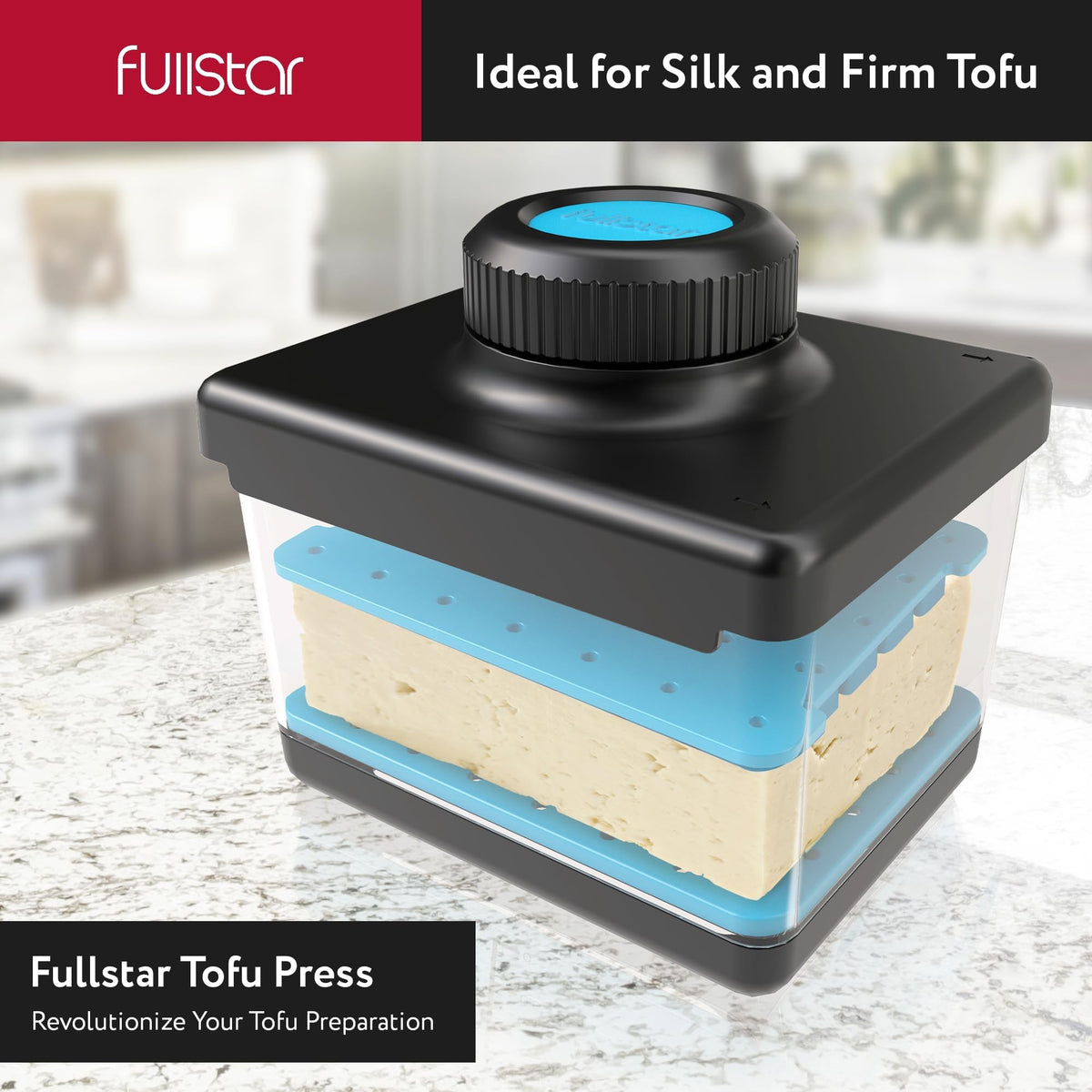 Fullstar tofu press cutter drainage bumper prevents spills for mess-free weeknight cooking.