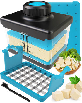 Fullstar tofu press cutter with lid twist for quick, even pressing and moisture removal.