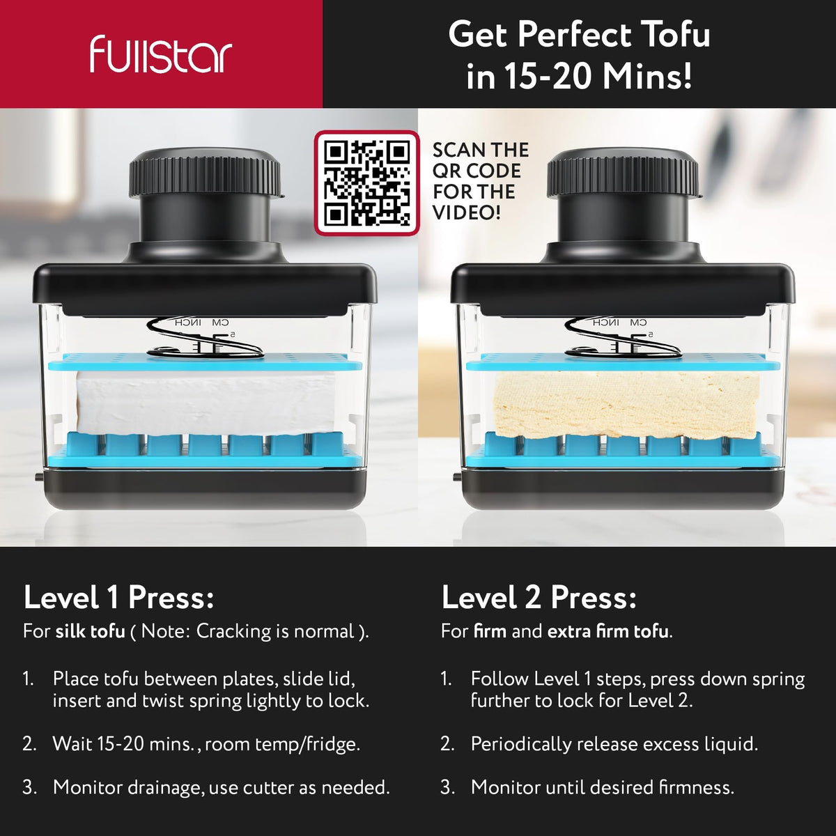 Fullstar tofu press cutter stainless-steel spring delivers consistent pressure for better drainage.