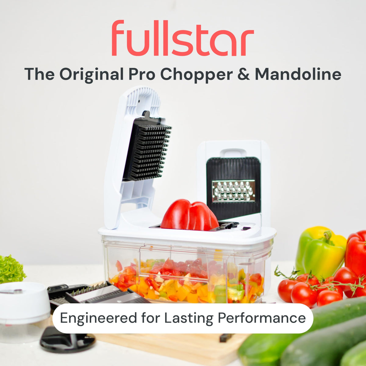 Fullstar XL pull-out catch tray keeps prep neat and organized.