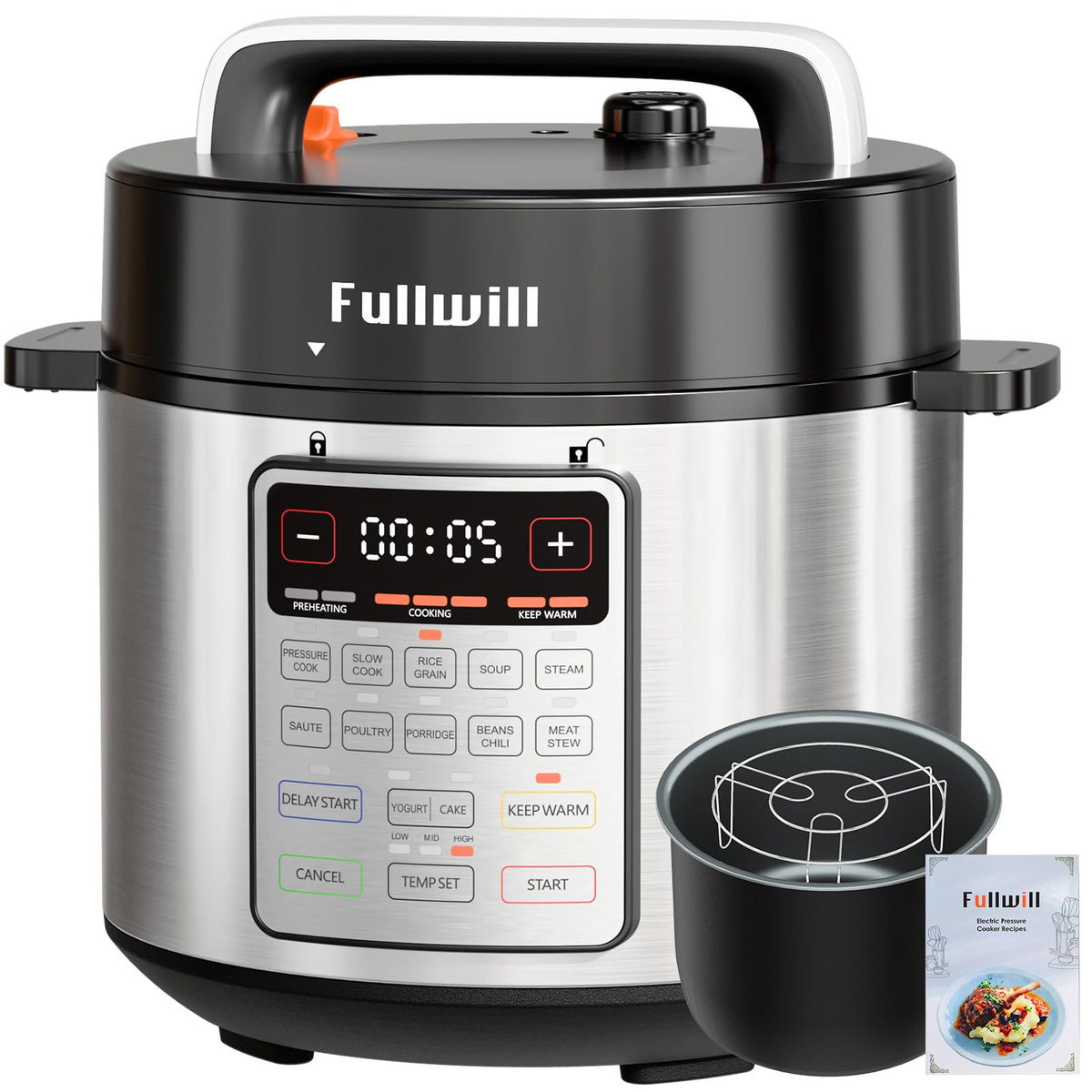 Fullwill 9-in-1 electric pressure cooker front view for compact kitchen versatility.
