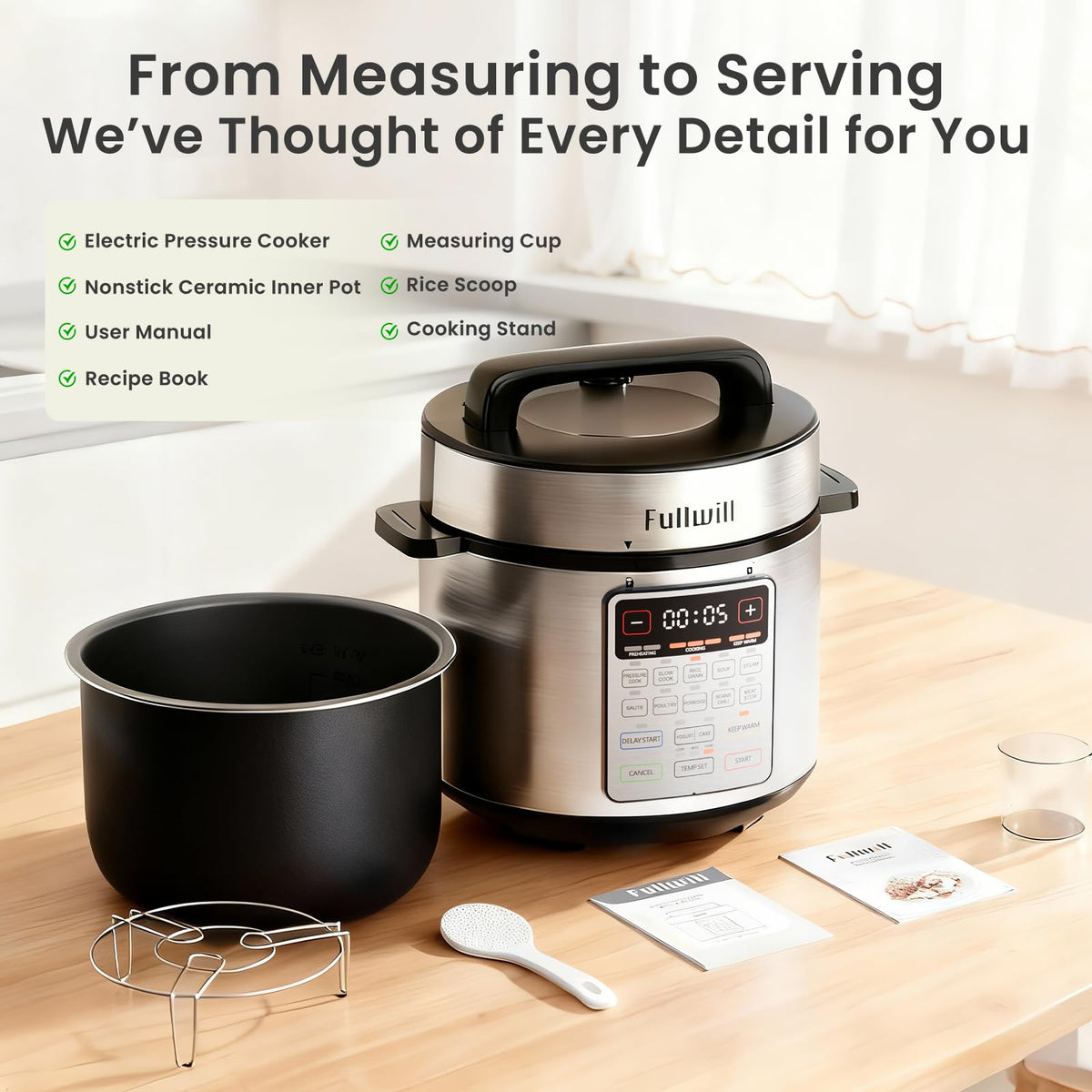 Fullwill ceramic pot with dishwasher-safe cleanup after cooking.