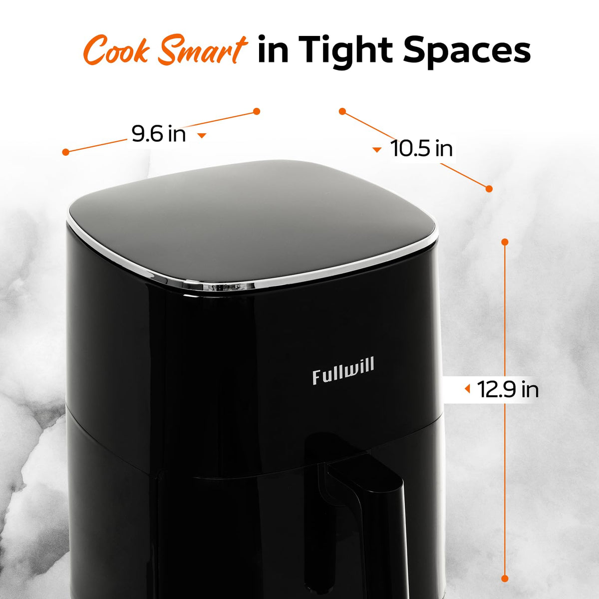 Box contents include Fullwill air fryer, 6QT basket, and a recipe guide.