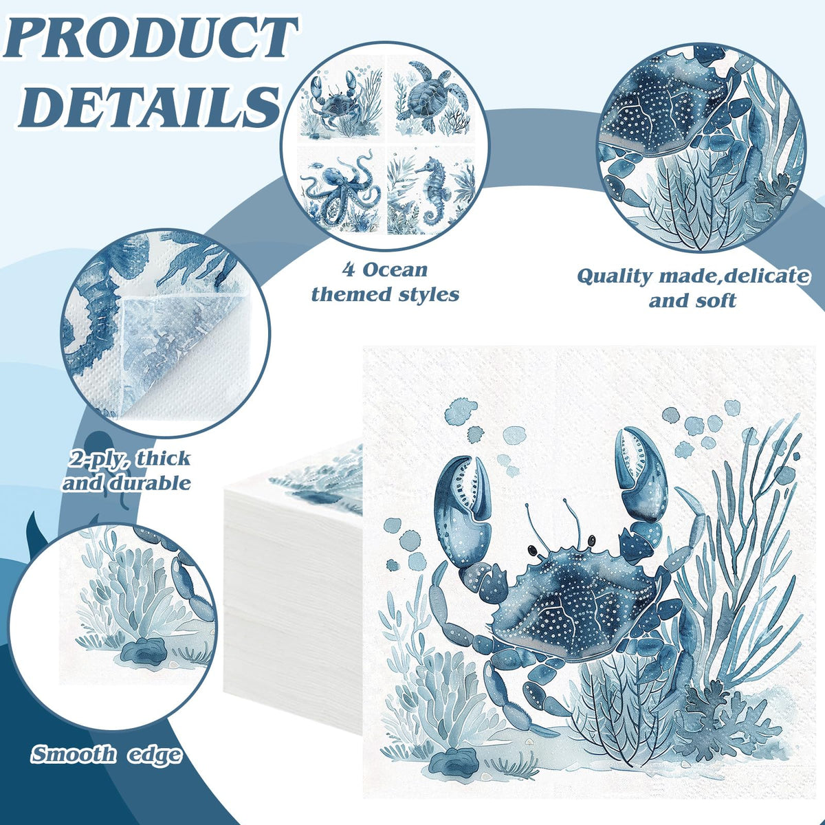 Fulmoon napkins feature crab motif for beach-themed events.