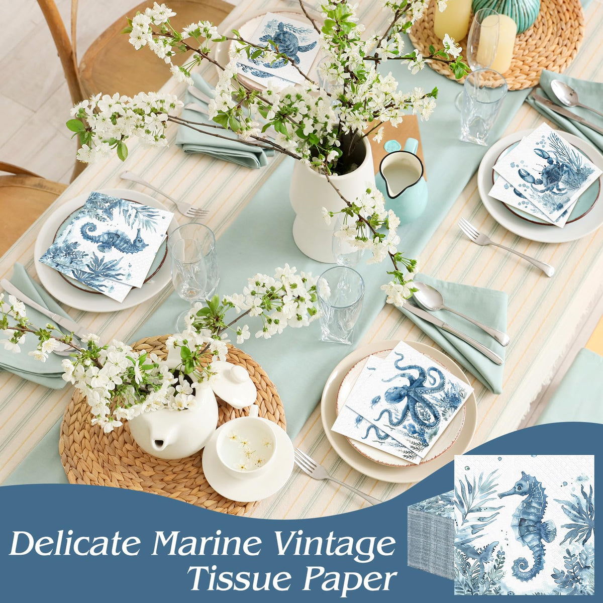 Fulmoon blue ocean napkins with octopus design for quick cleanups.